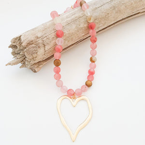 Gemstone Beaded Necklace w/ XL Heart