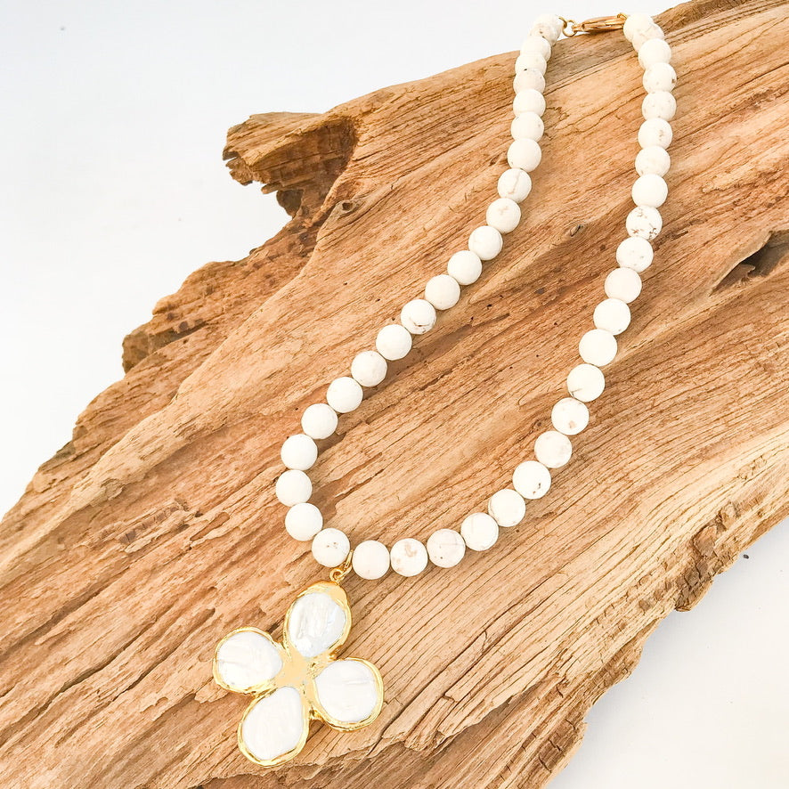 Pearl Clover Cross on 10MM Gemstone