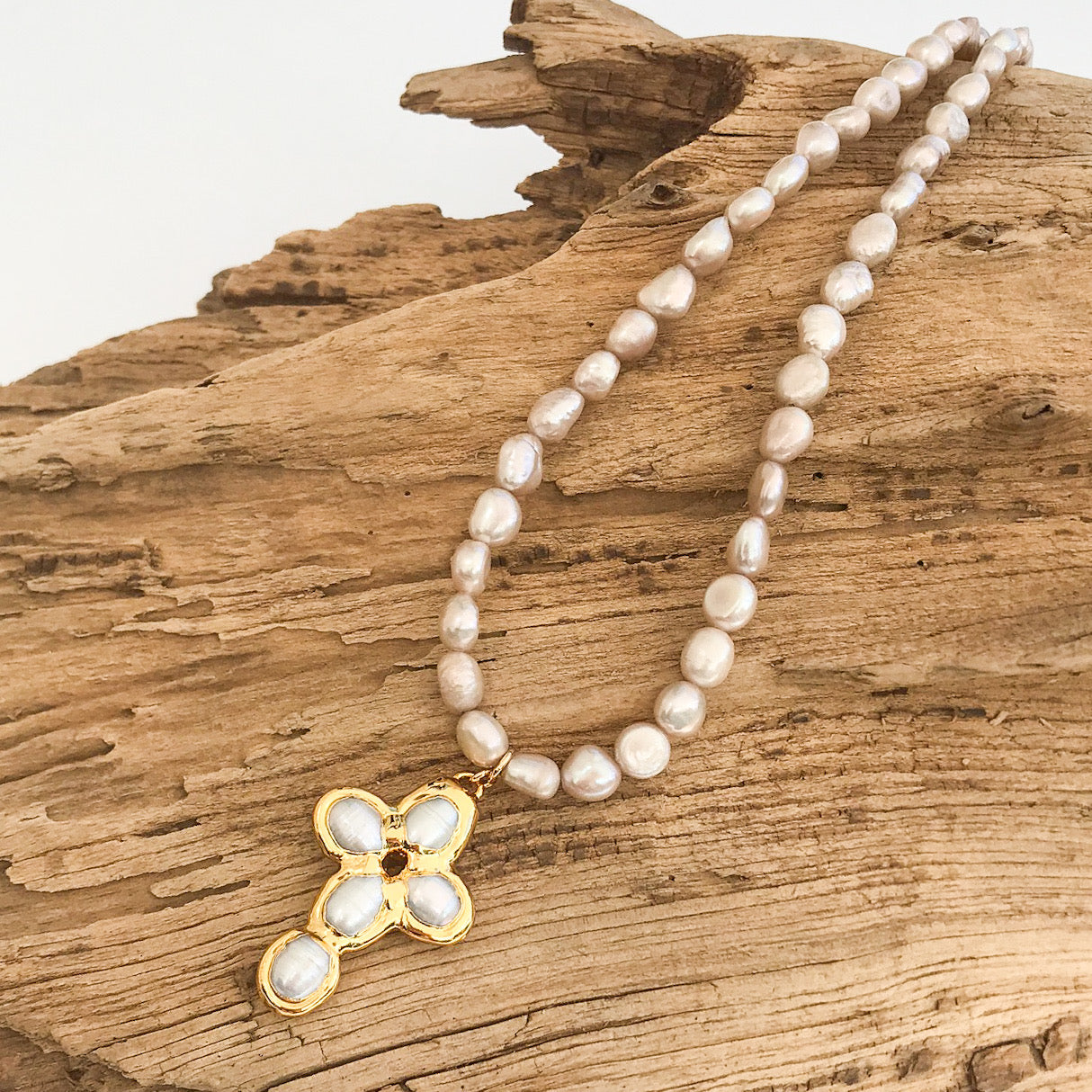 Mini Freshwater Pearl Cross on Freshwater Pearls