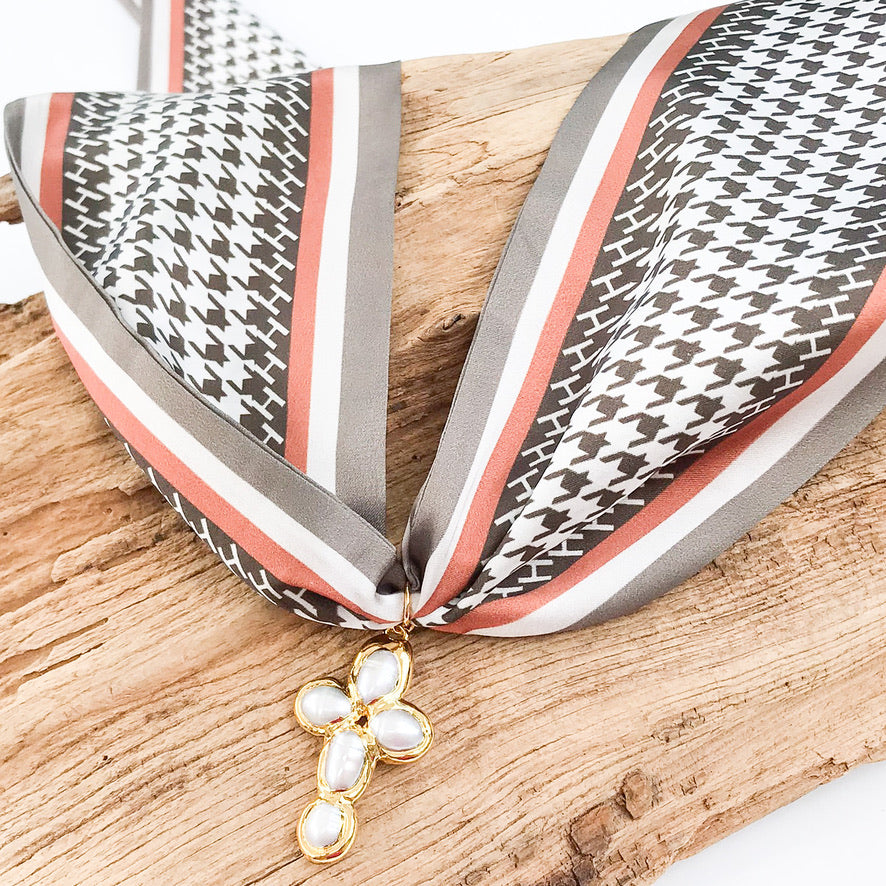 Potato Pearl Cross on Scarf Necklace