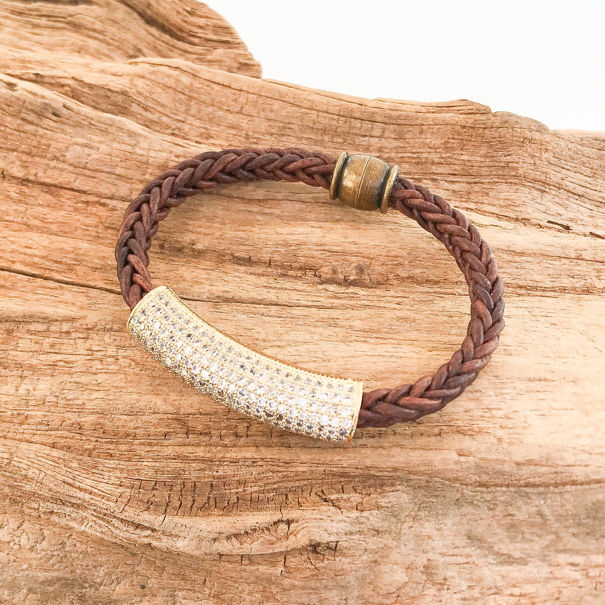 Pave Tube on Leather Bracelet
