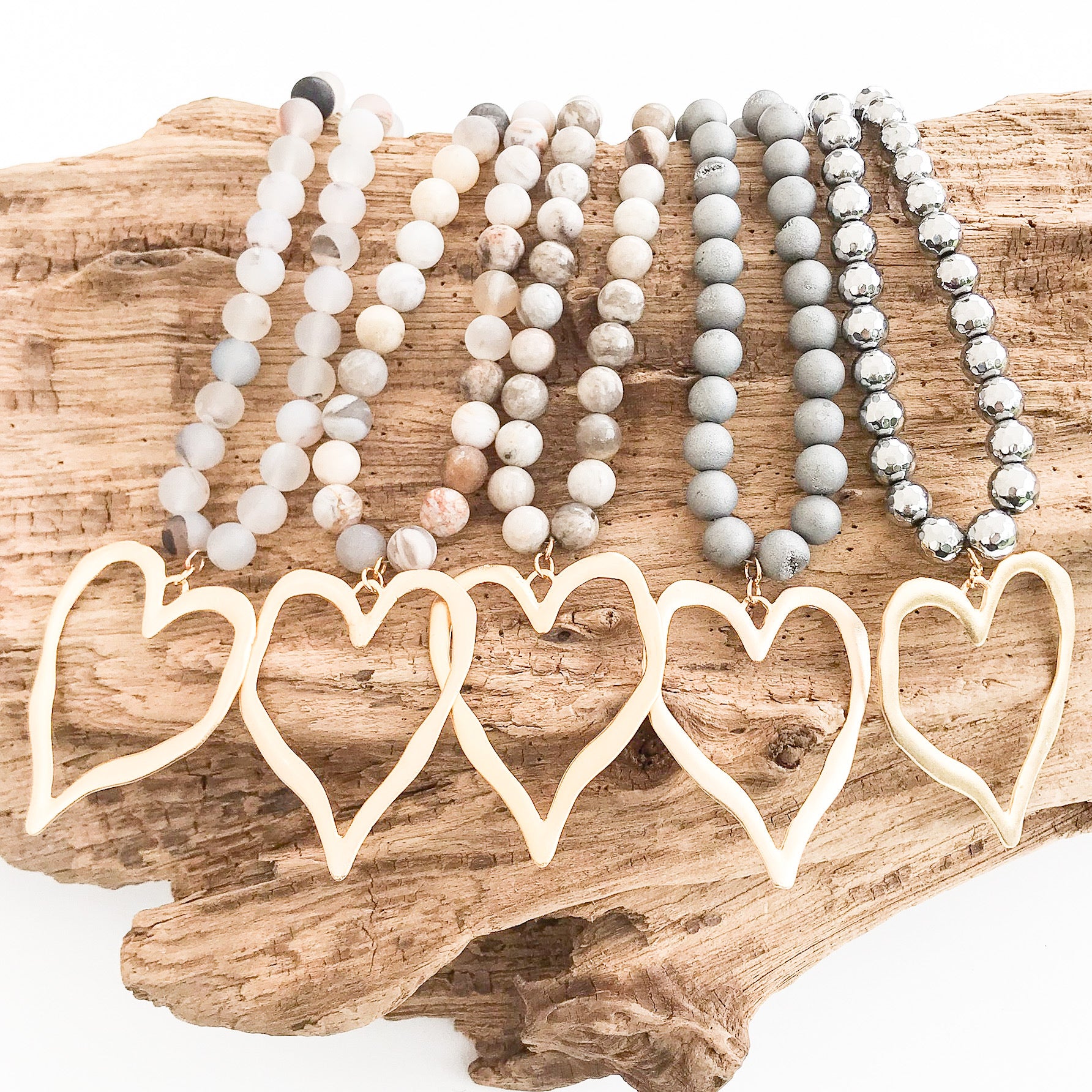 Gemstone Beaded Necklace w/ XL Heart