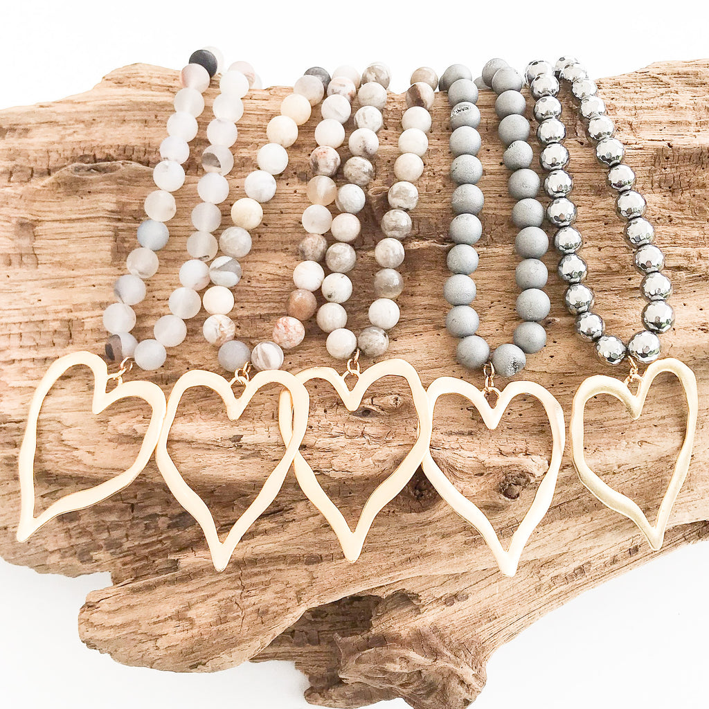 Gemstone Beaded Necklace w/ XL Heart