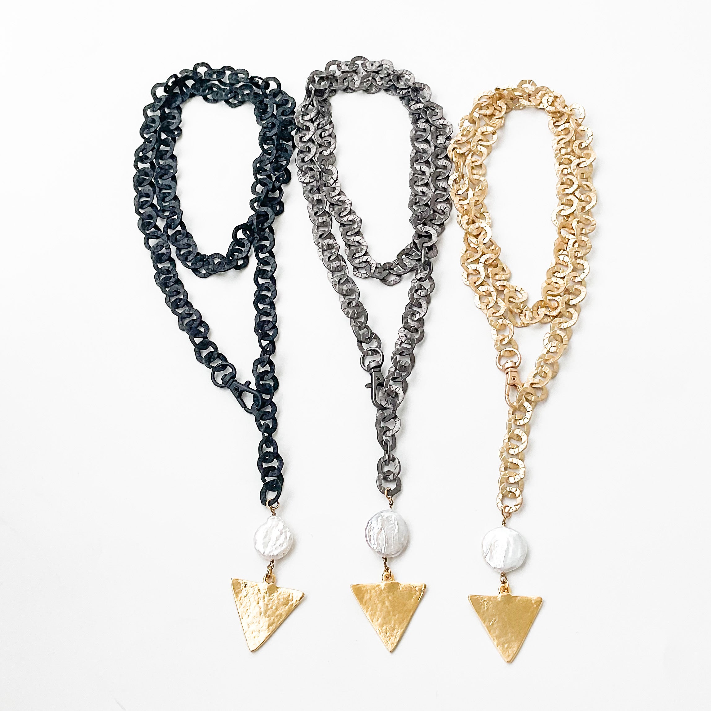 Adjustable Washer Chain Necklace w/ Pearl Triangle