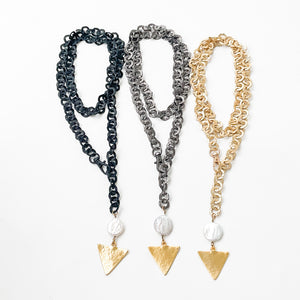 Adjustable Washer Chain Necklace w/ Pearl Triangle