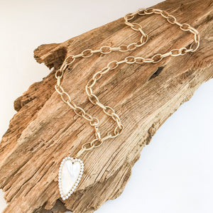 Long Pearl Trimmed Heart on Etched Chain