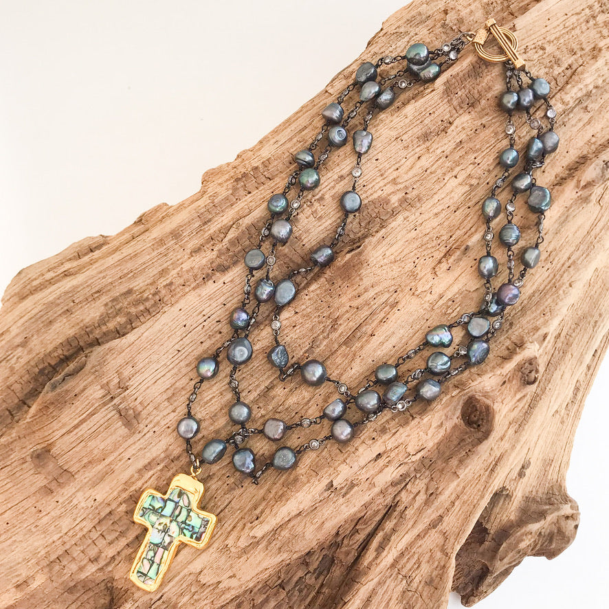 Pearl Bezel Rosary Triple Layer w/ Cross
