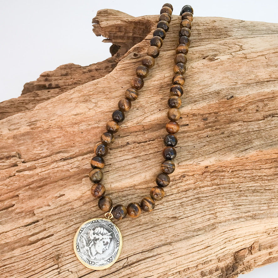 Vintage Coin on 8mm Gemstone Necklace