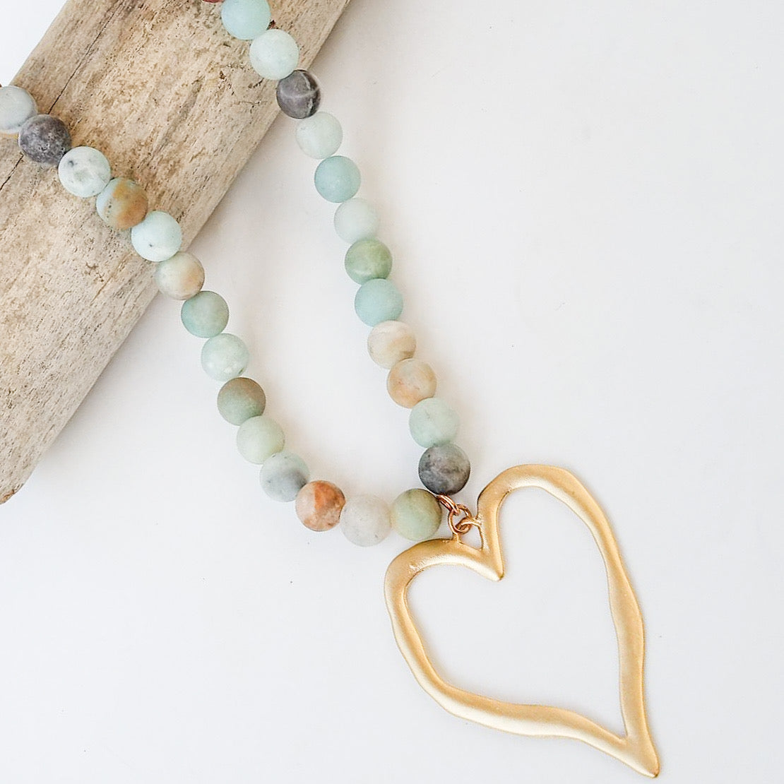 Gemstone Beaded Necklace w/ XL Heart