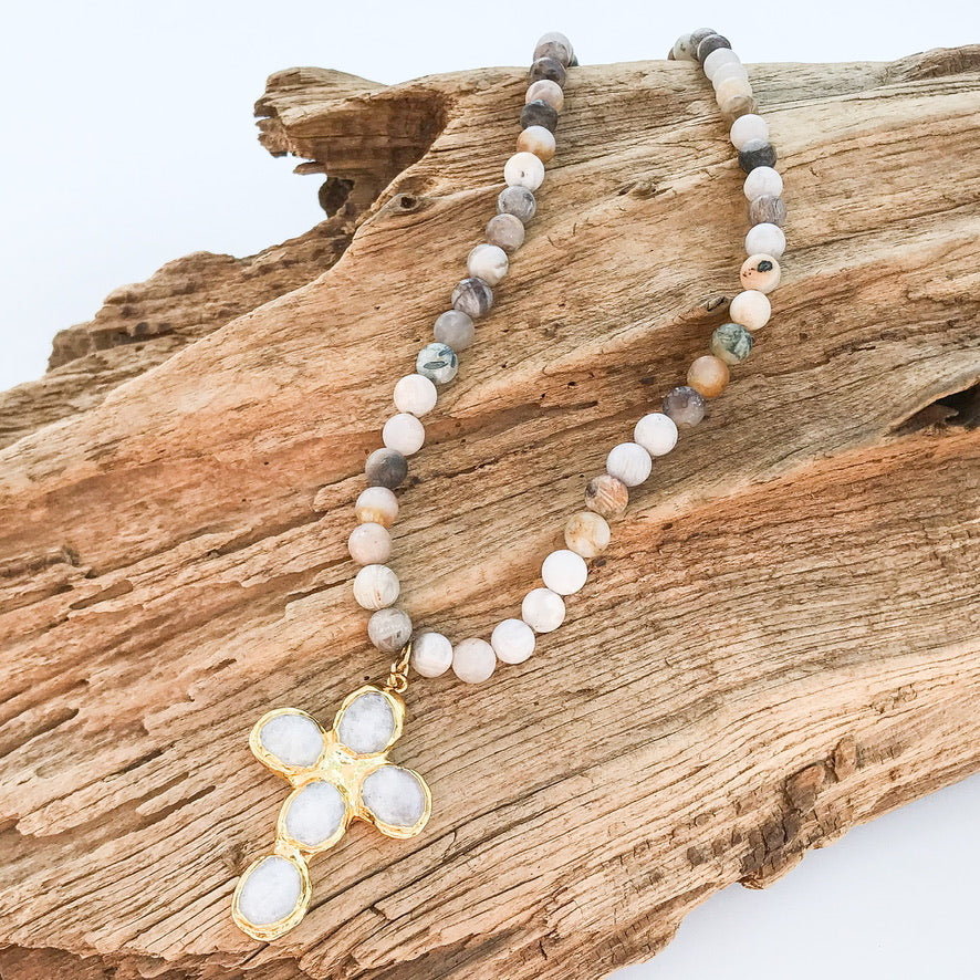 Gemstone Cross on 8mm Gemstone Necklace