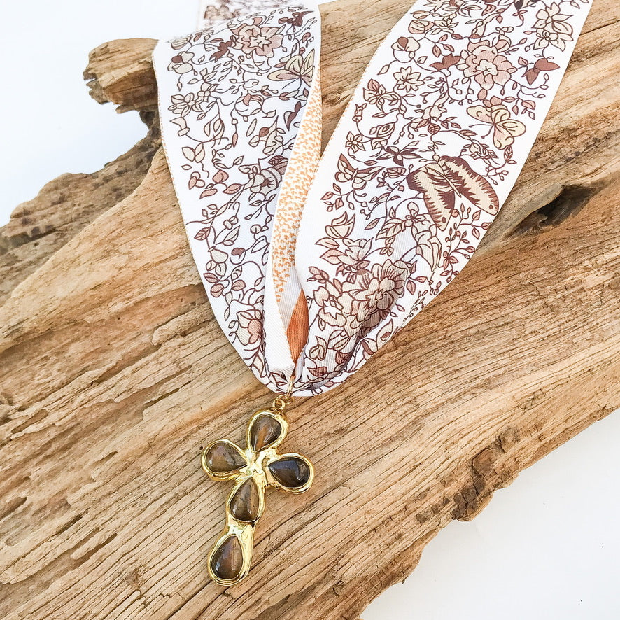 Gemstone Cross on Scarf Necklace