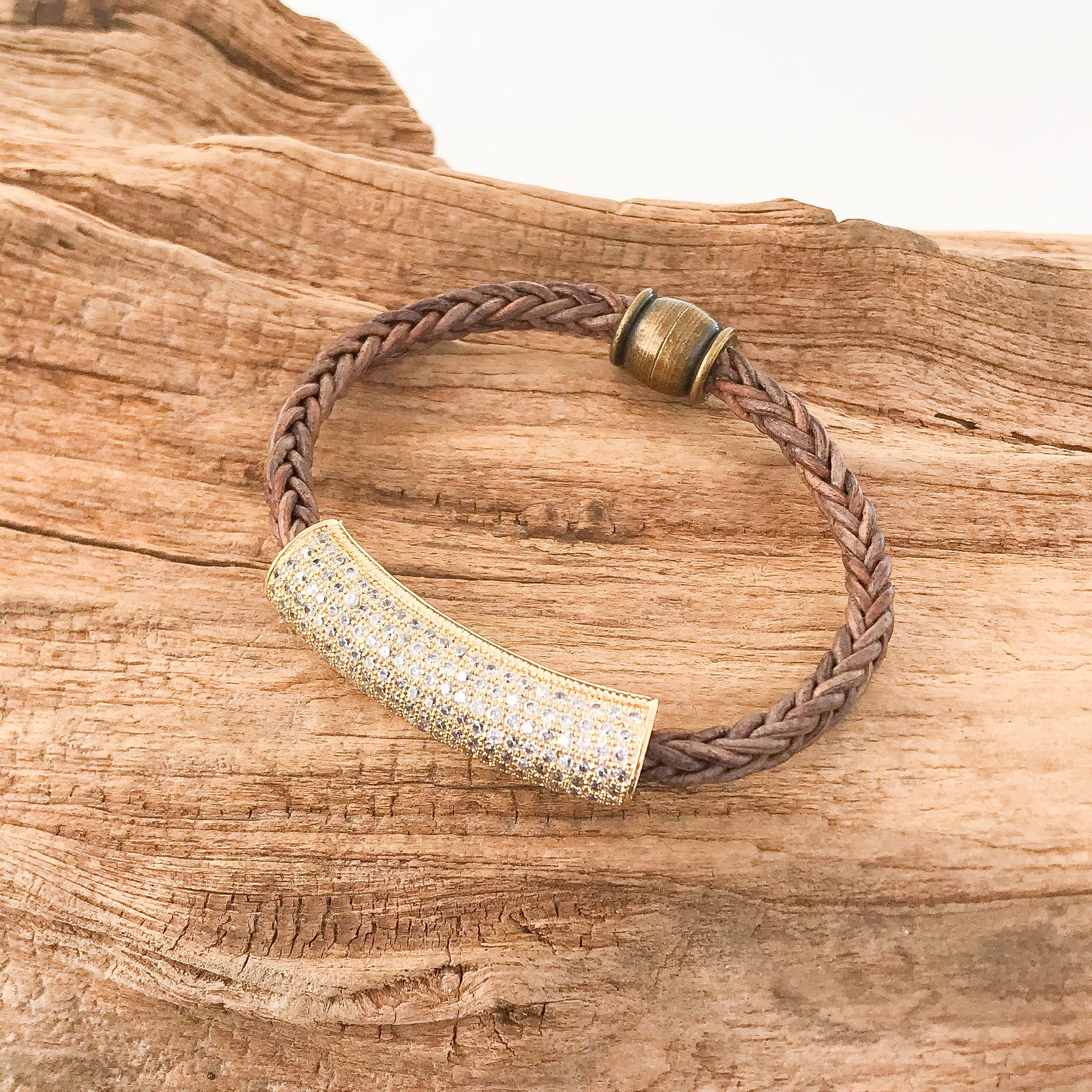 Pave Tube on Leather Bracelet
