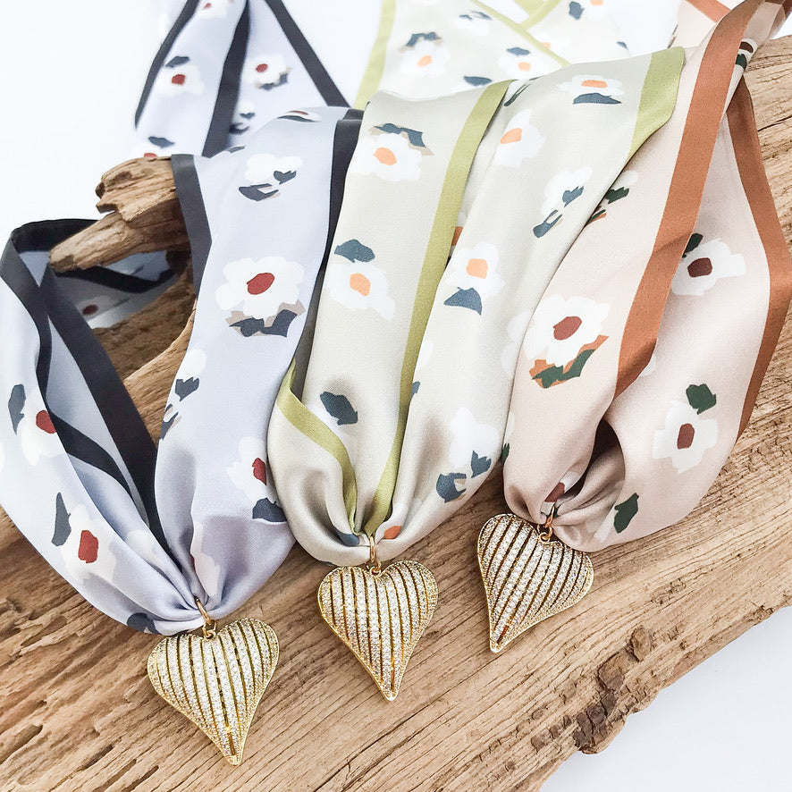 Ribbon CZ Heart On Scarf Necklace
