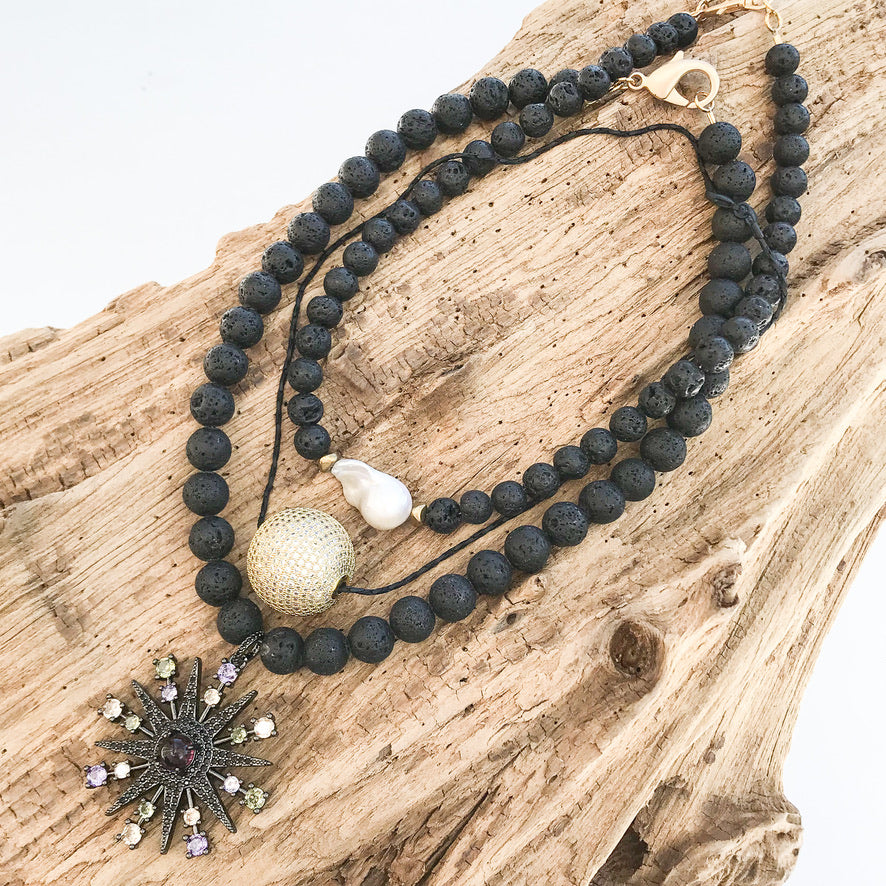 Colorful Flower on 10MM Gemstone Necklace