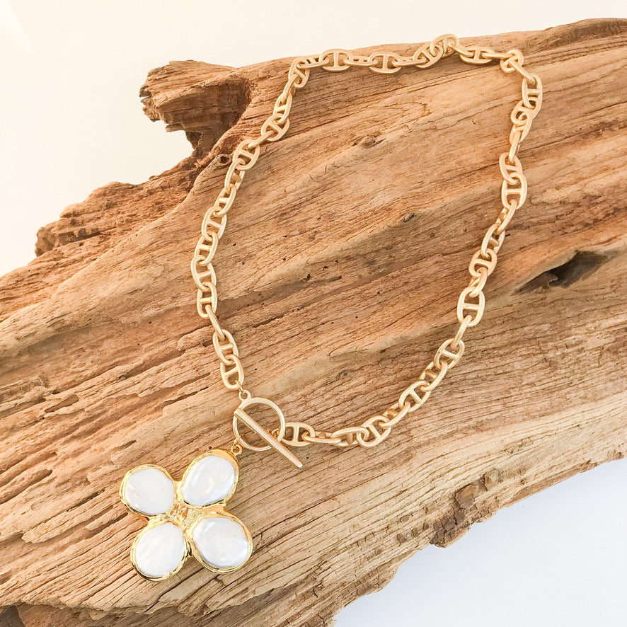 Pearl Clover Cross on Helix Necklace