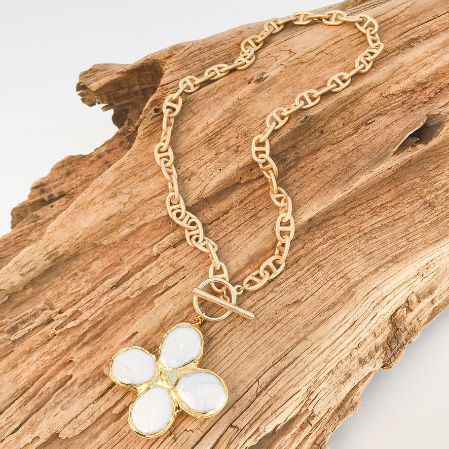 Pearl Clover Cross on Helix Necklace