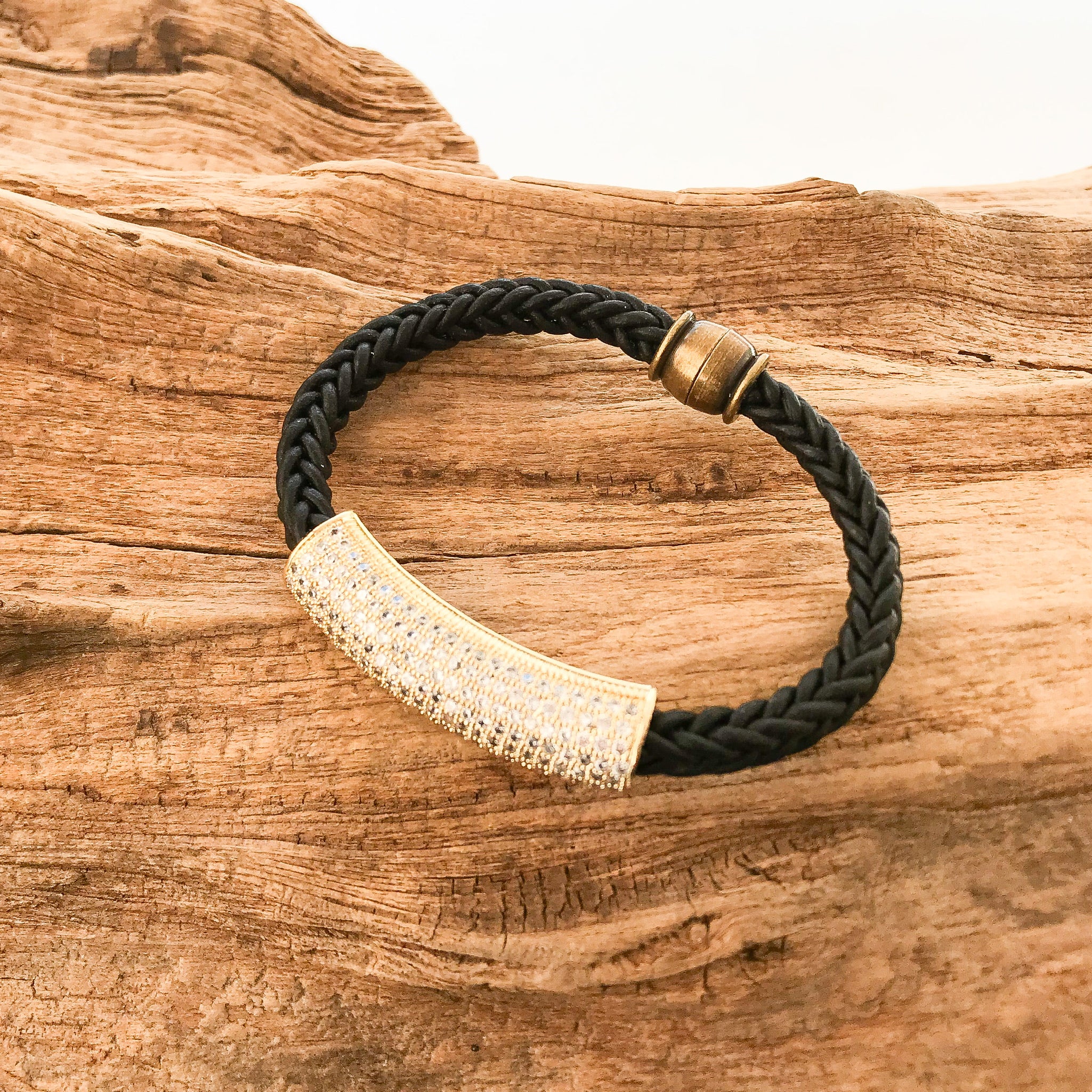 Pave Tube on Leather Bracelet