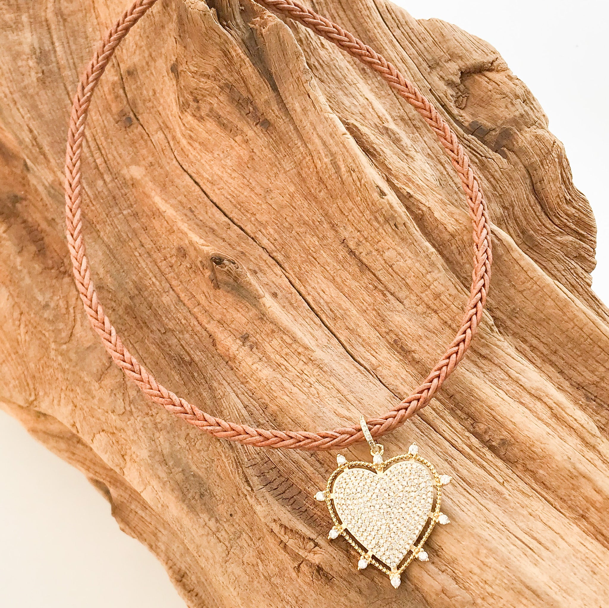 Rhinestone Studded Heart on Leather Necklace