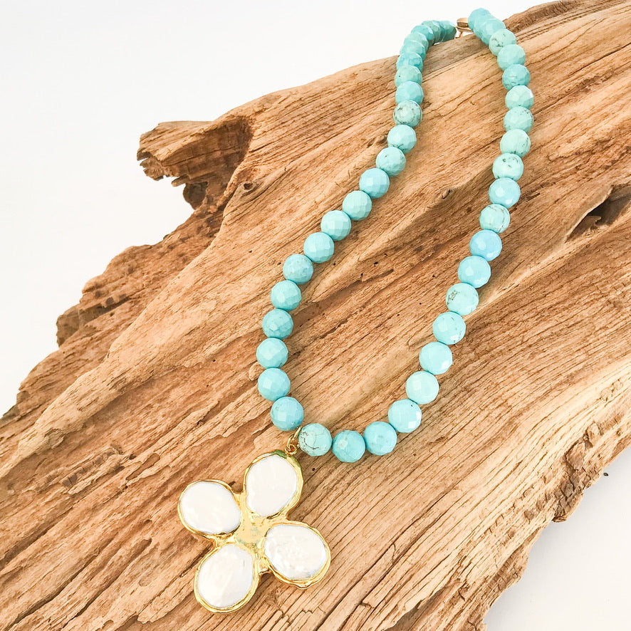 Pearl Clover Cross on 10MM Gemstone