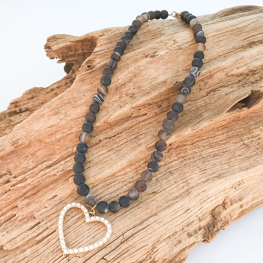 8mm Gemstone Necklace with Pearl Heart