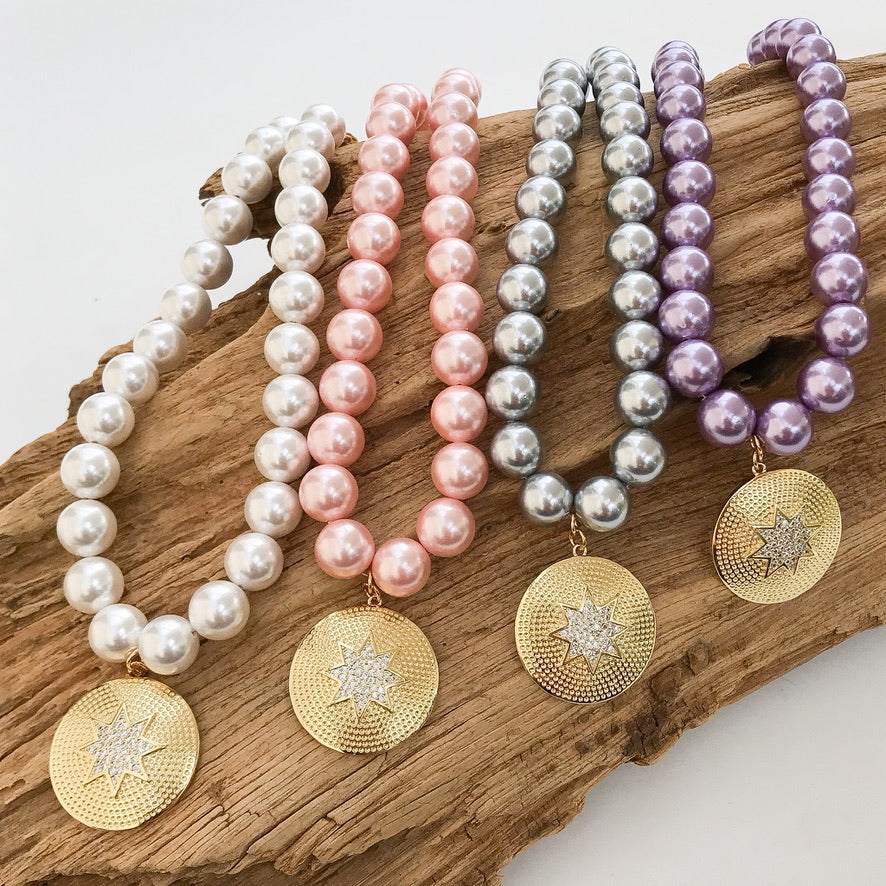 Starburst CZ Pendant on Jumbo Pearl Necklace