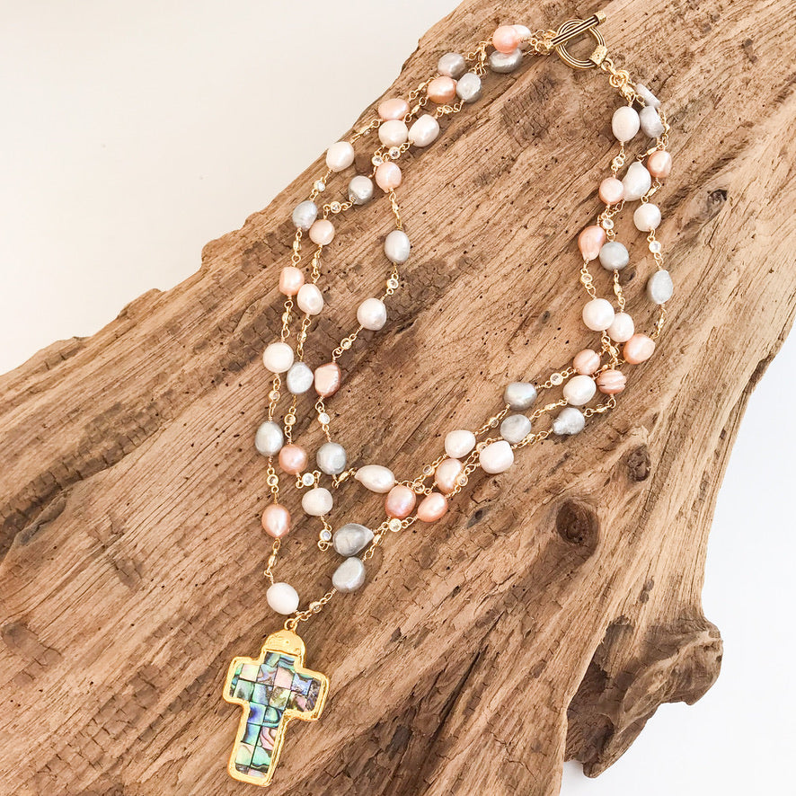 Pearl Bezel Rosary Triple Layer w/ Cross