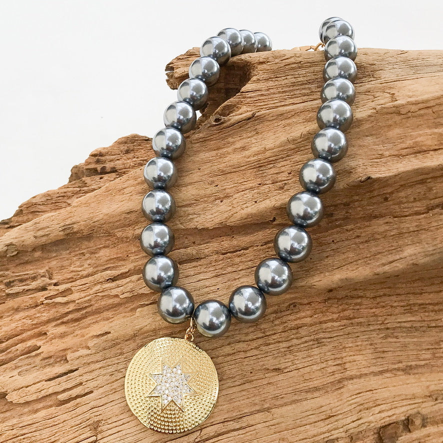 Starburst CZ Pendant on Jumbo Pearl Necklace