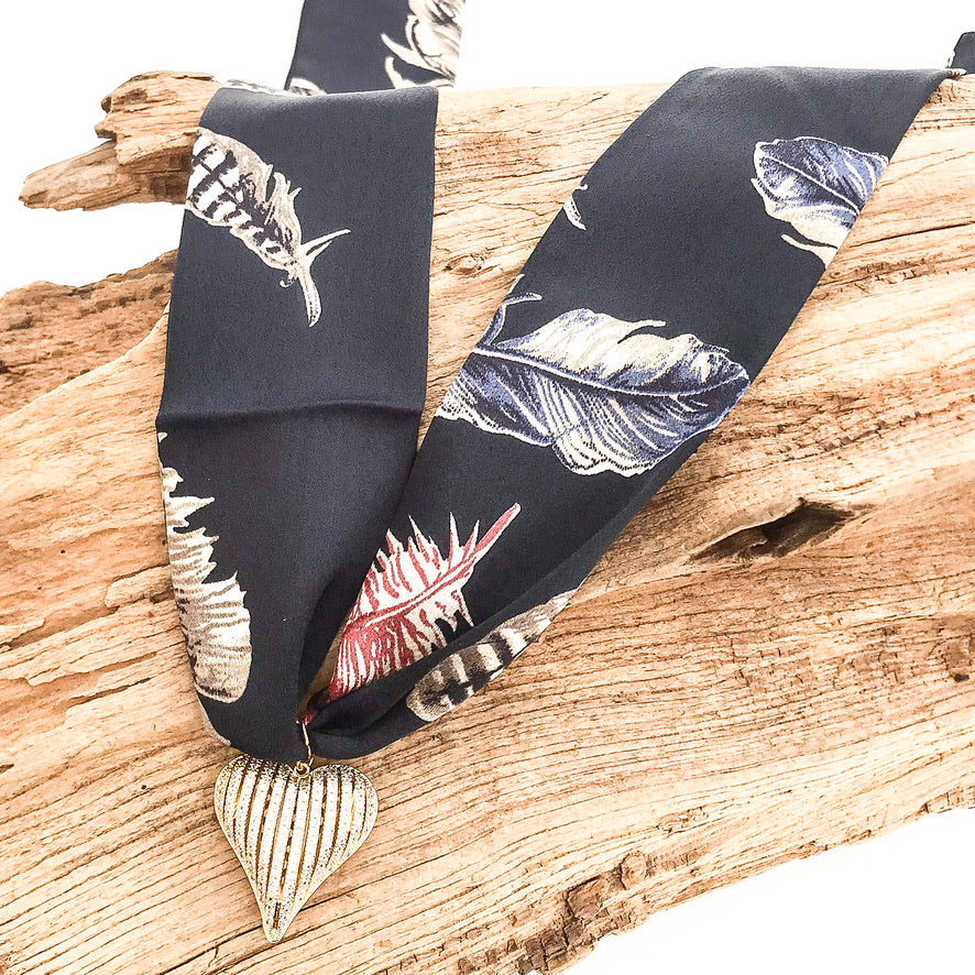 Ribbon CZ Heart On Scarf Necklace