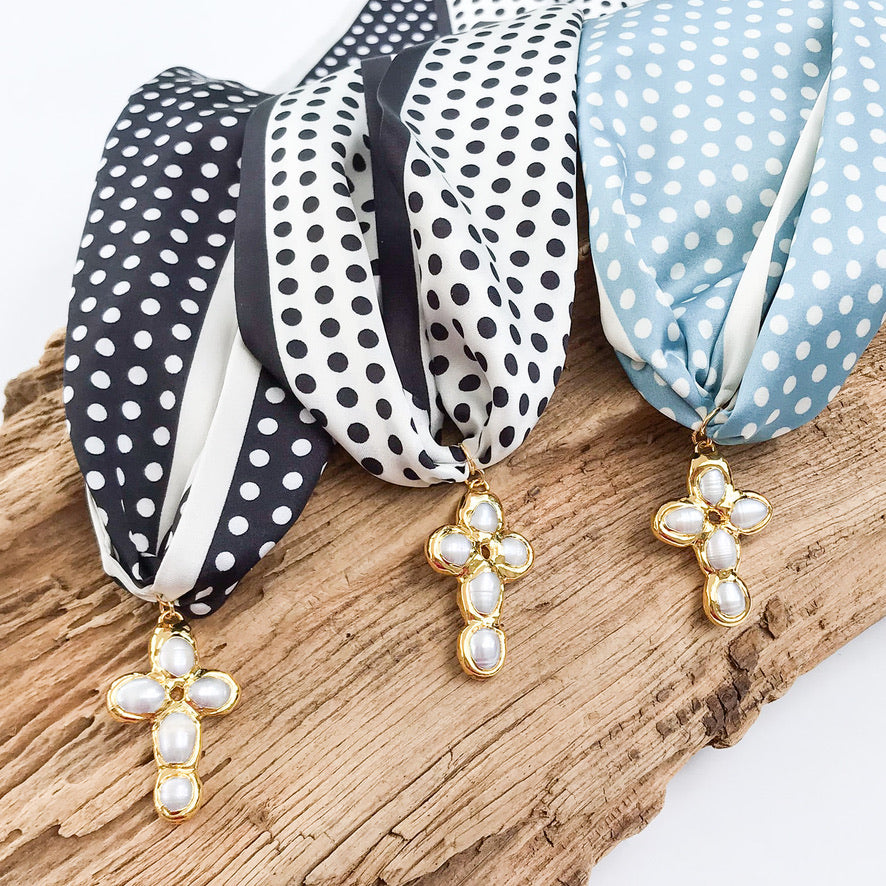 Potato Pearl Cross on Scarf Necklace