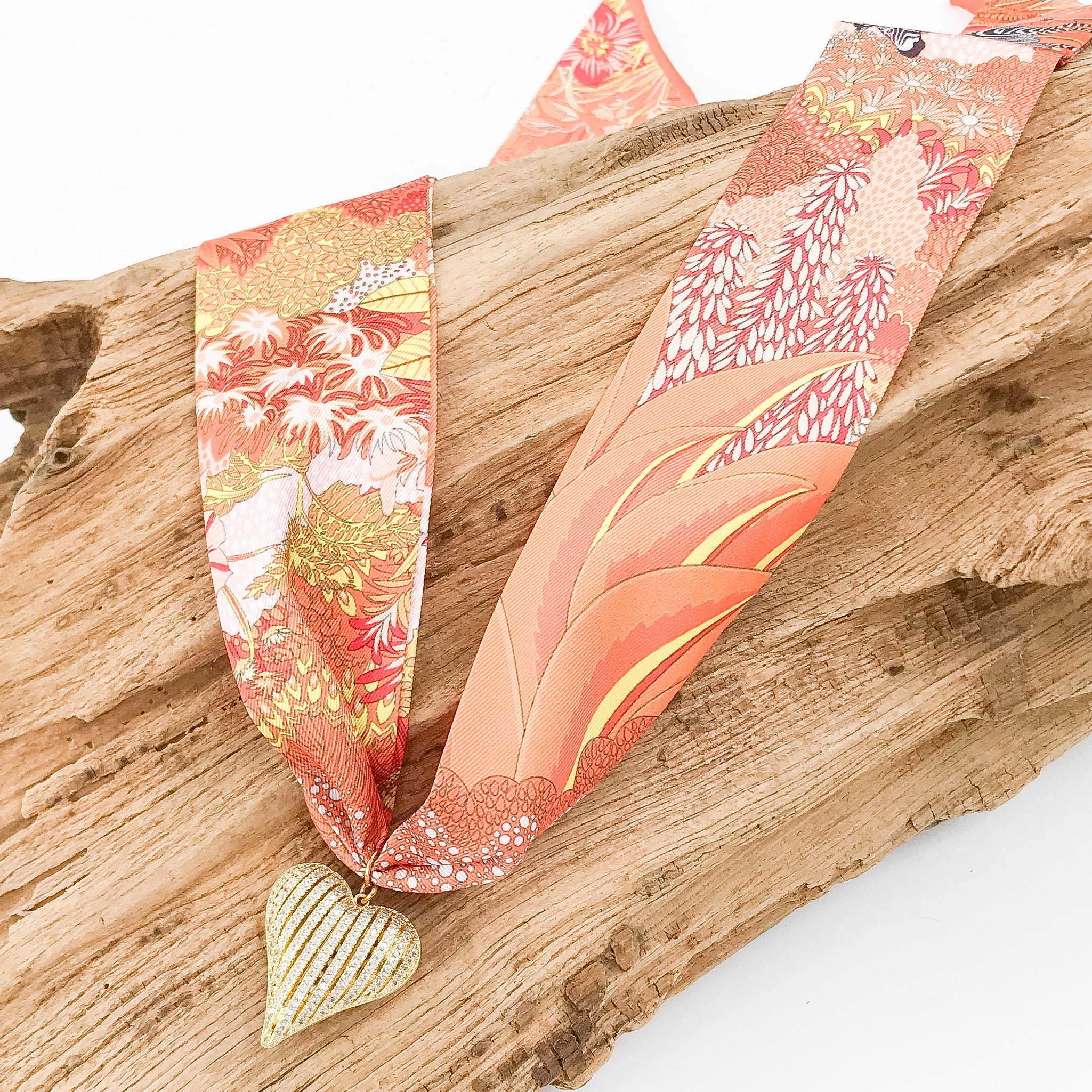 Ribbon CZ Heart On Scarf Necklace