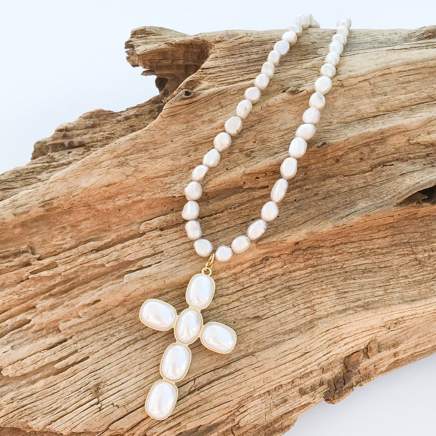 Puff Pearl Cross on Freshwater Pearl Necklace