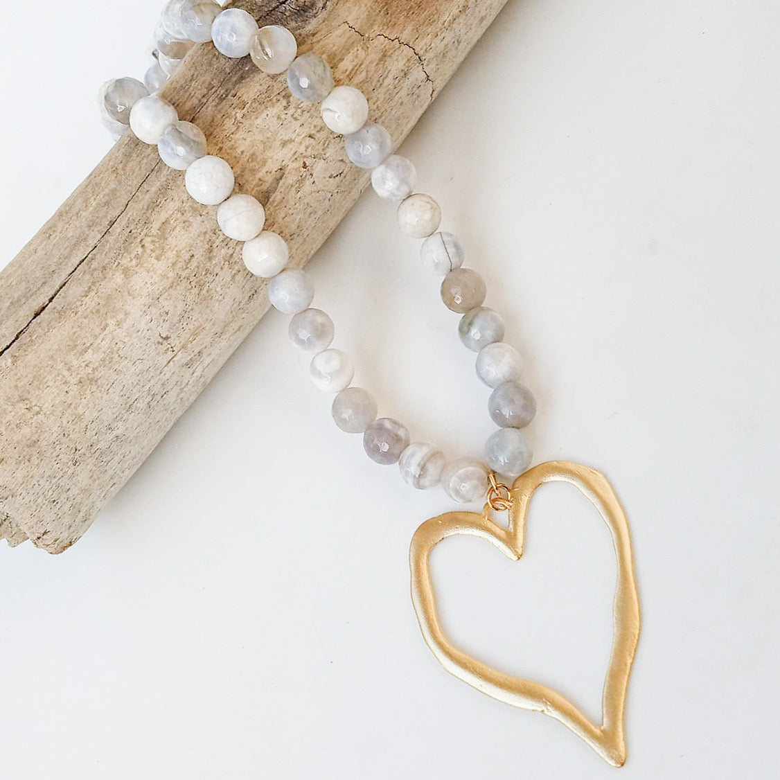 Gemstone Beaded Necklace w/ XL Heart