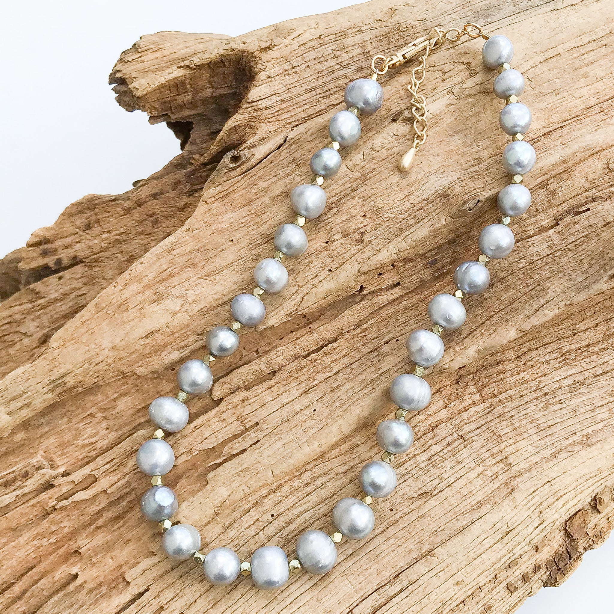 Potato Pearl Nugget Brass Necklace