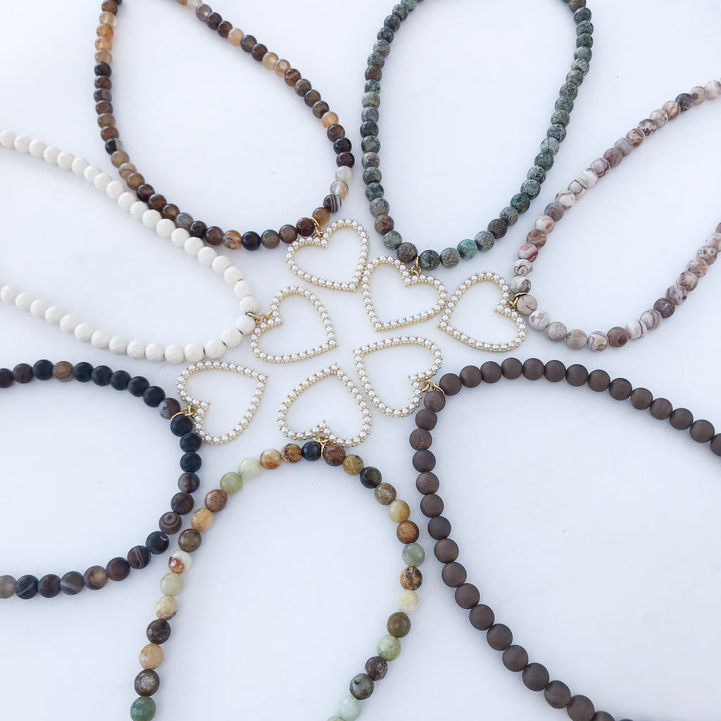 8mm Gemstone Necklace with Pearl Heart