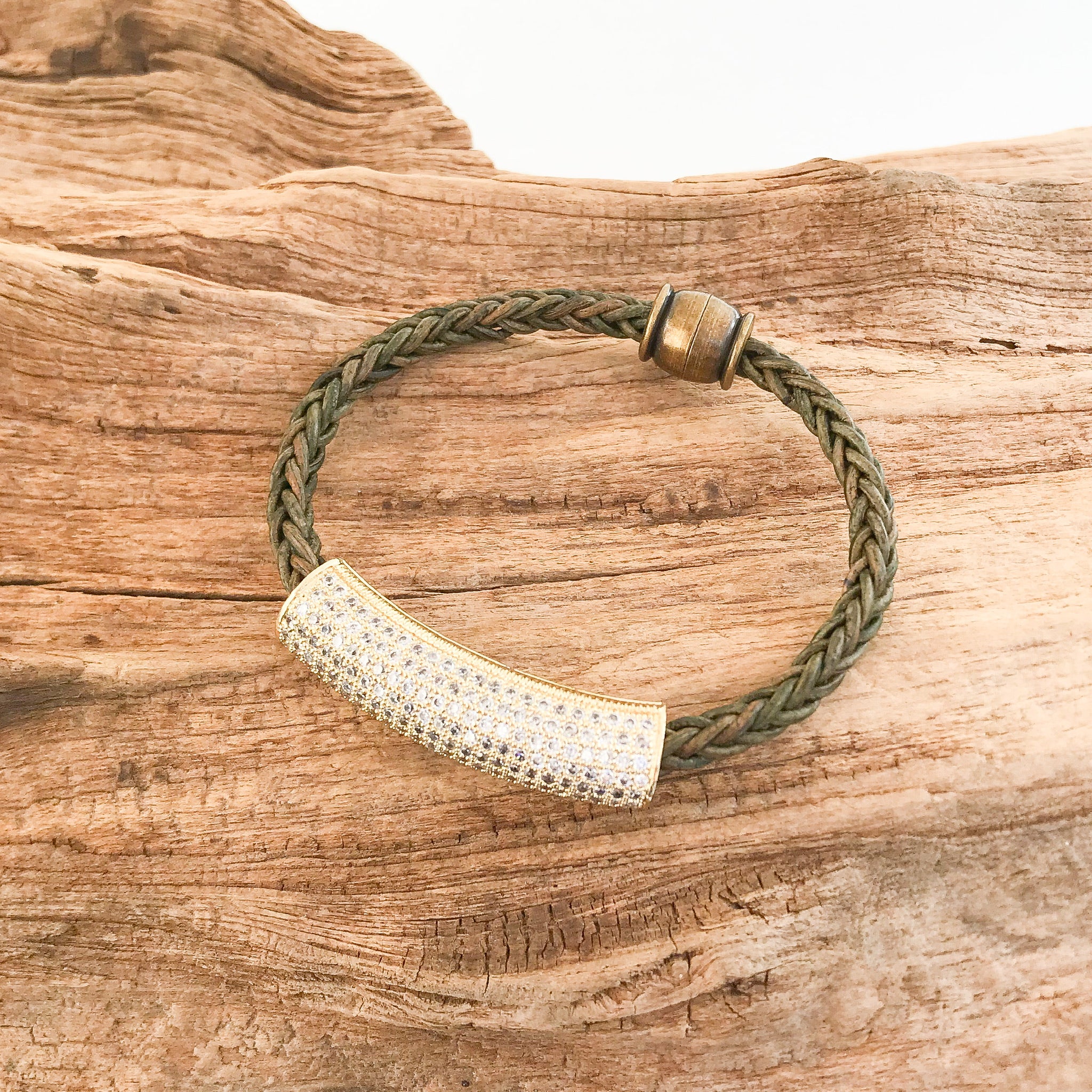 Pave Tube on Leather Bracelet