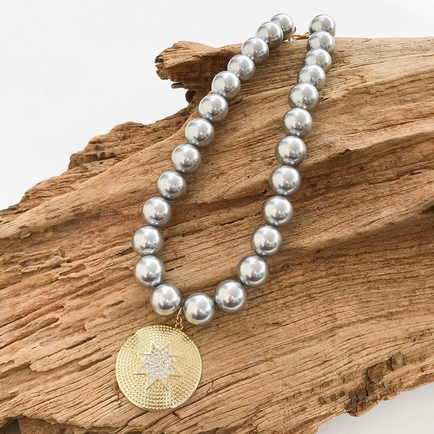 Starburst CZ Pendant on Jumbo Pearl Necklace