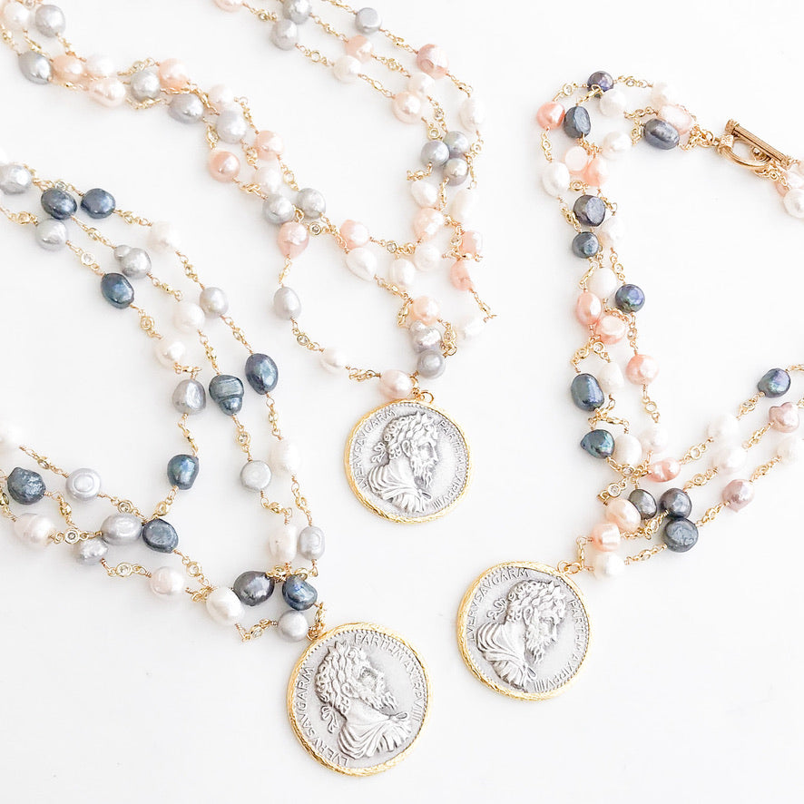 Vintage Coin on Triple Layer Pearl Bezel Rosary