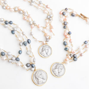 Vintage Coin on Triple Layer Pearl Bezel Rosary