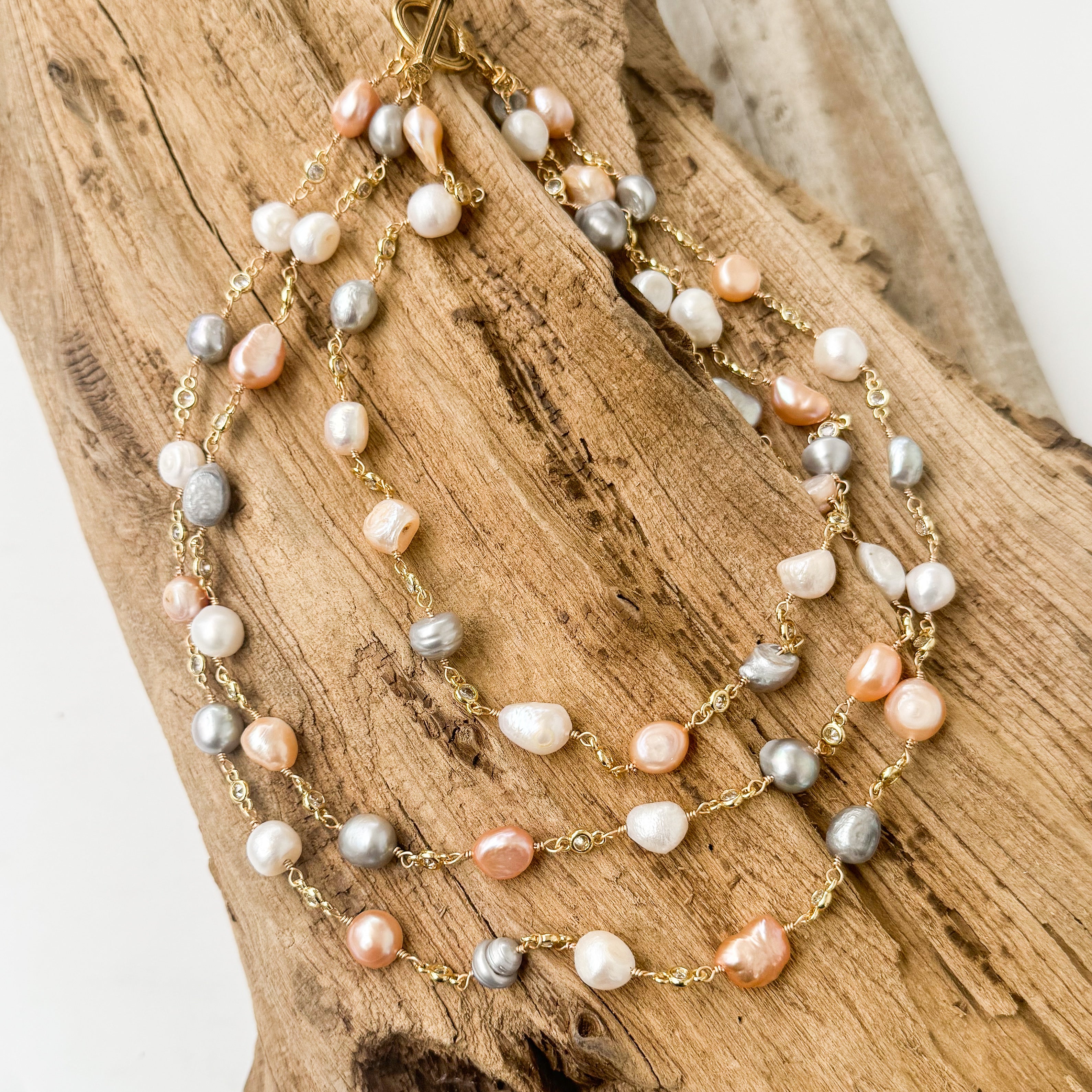 Pearl Bezel Rosary Triple Layer Statement Necklace