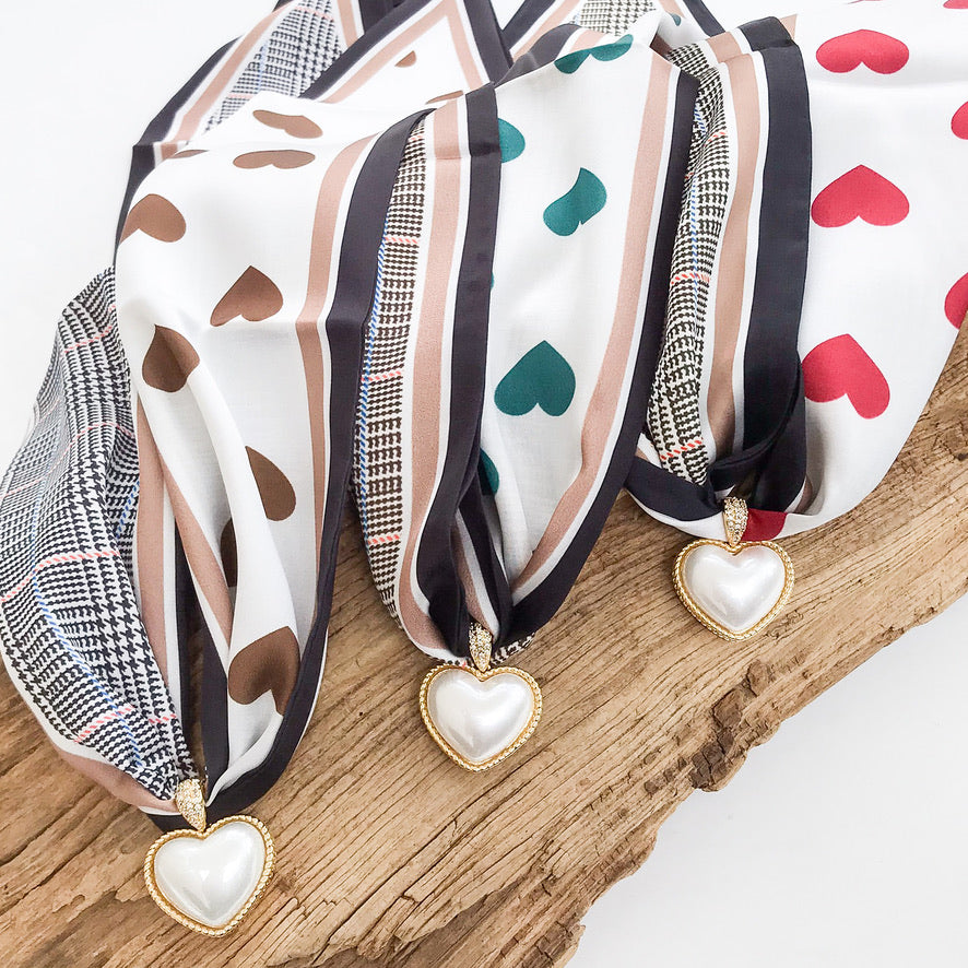 Puff Pearl Heart on Scarf Necklace