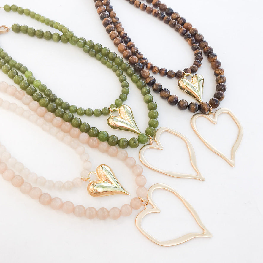Gemstone Beaded Necklace w/ XL Heart