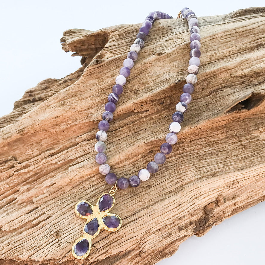 Gemstone Cross on 8mm Gemstone Necklace