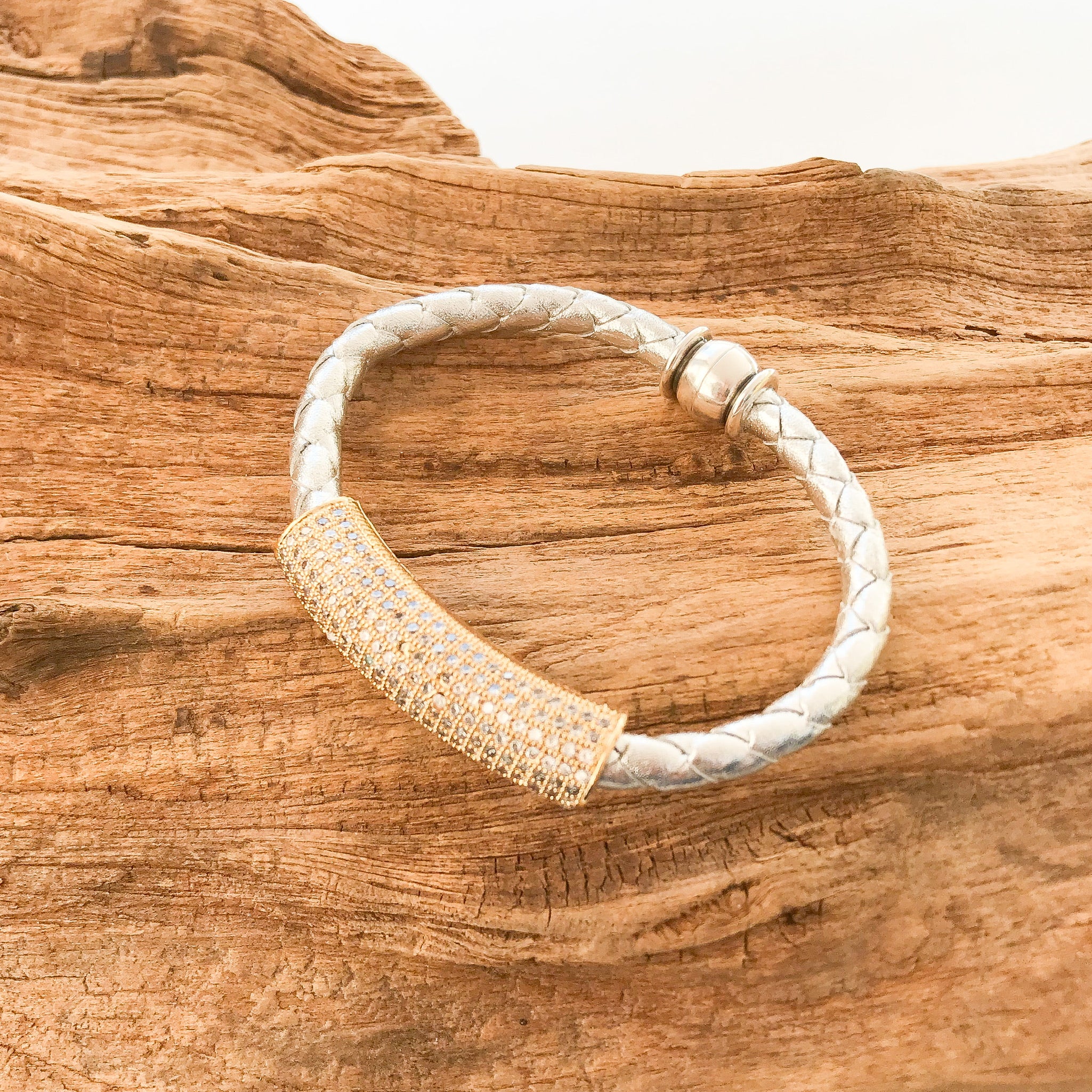 Pave Tube on Leather Bracelet