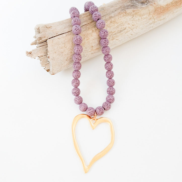 Gemstone Beaded Necklace w/ XL Heart