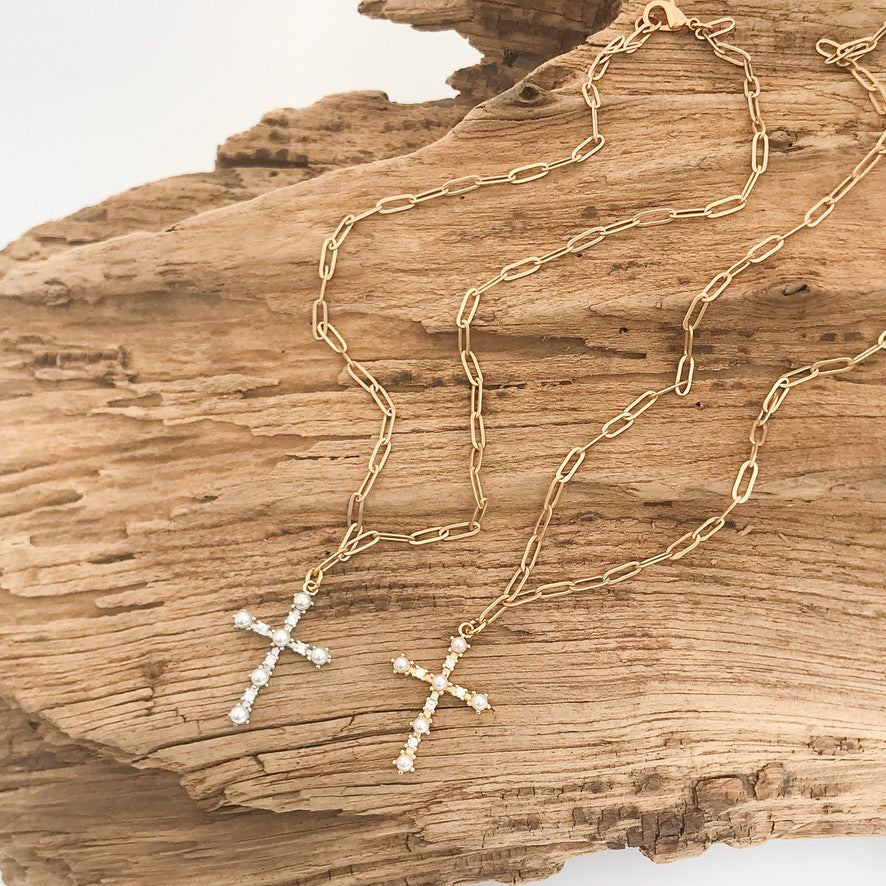 Pearl Accented Cross on Paperclip