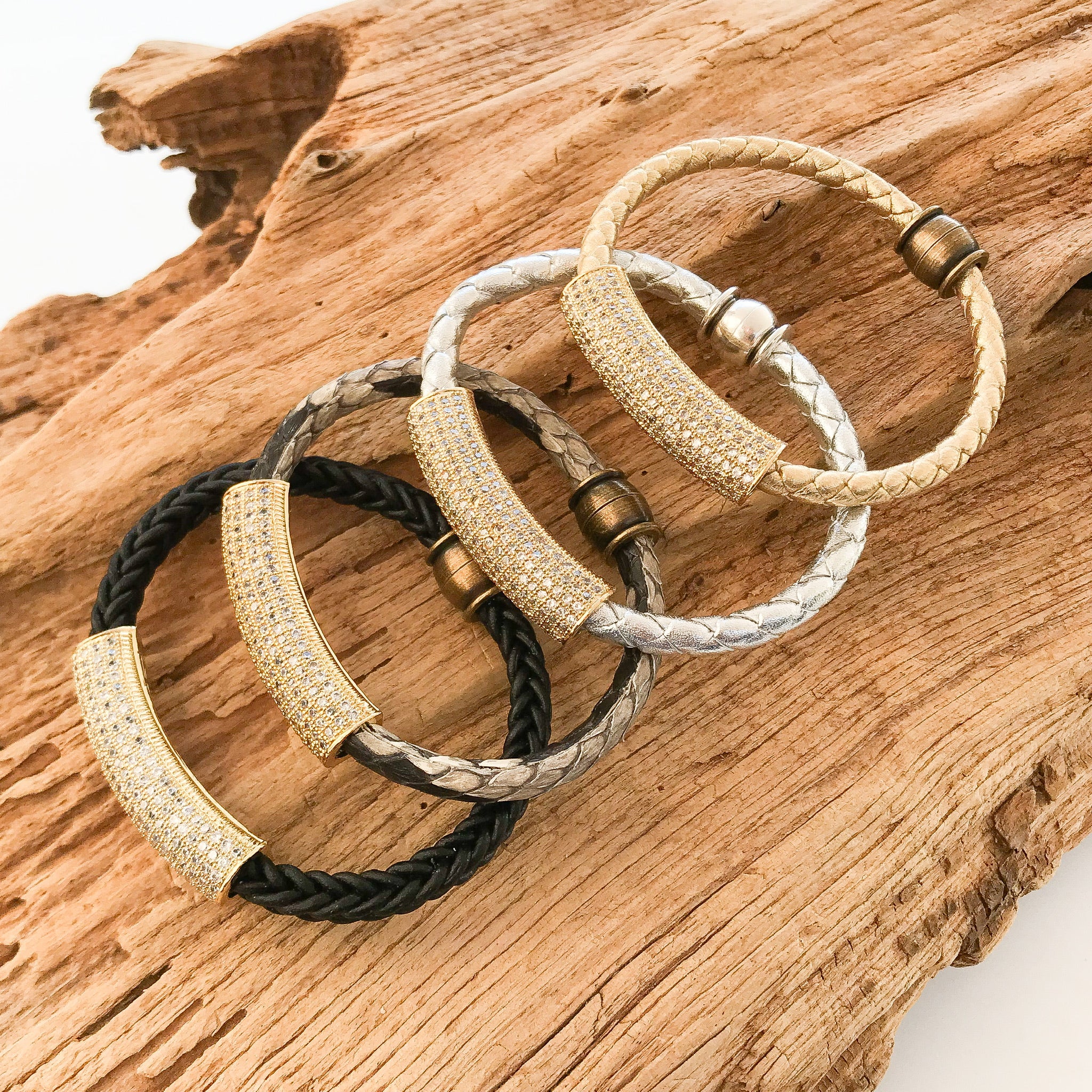 Pave Tube on Leather Bracelet