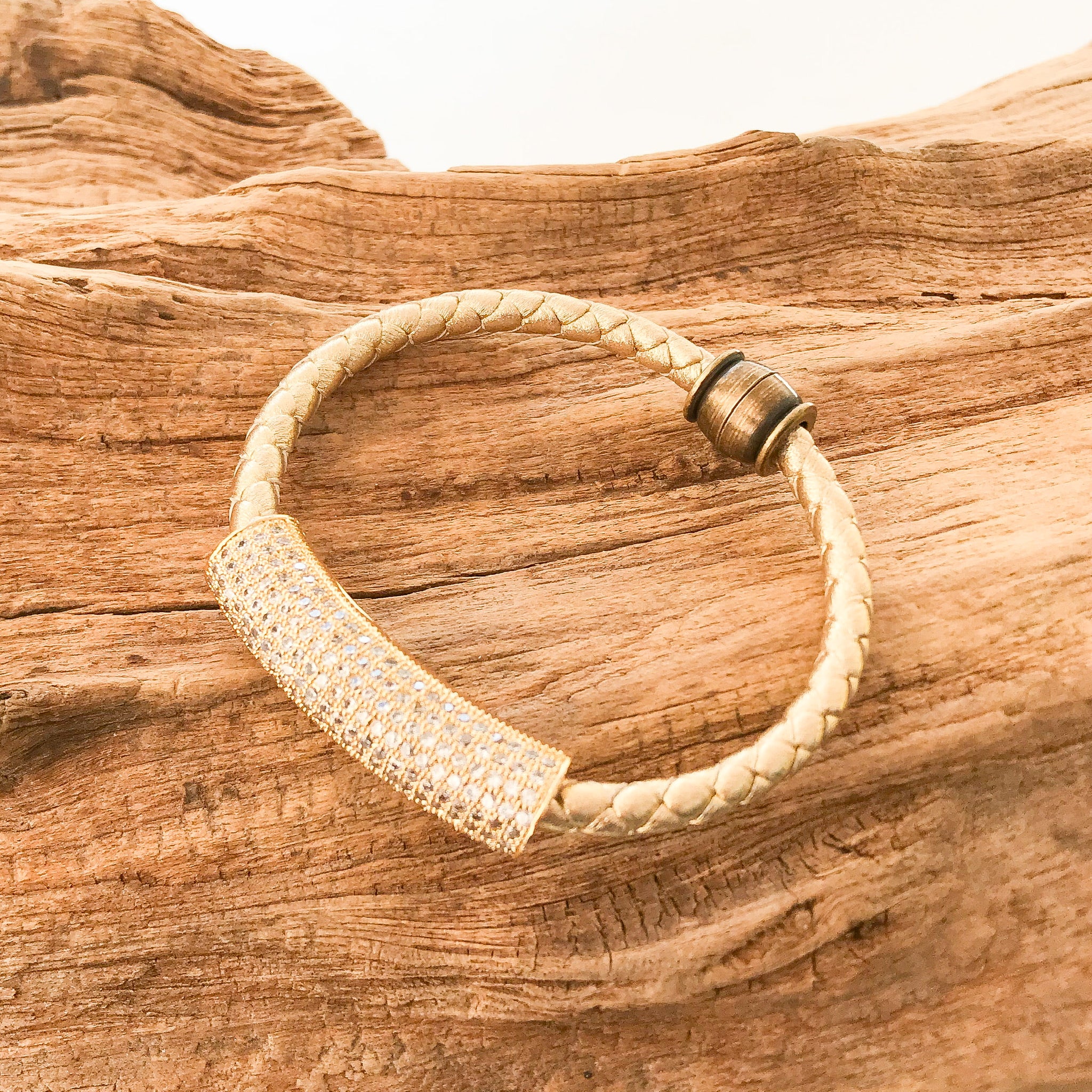 Pave Tube on Leather Bracelet