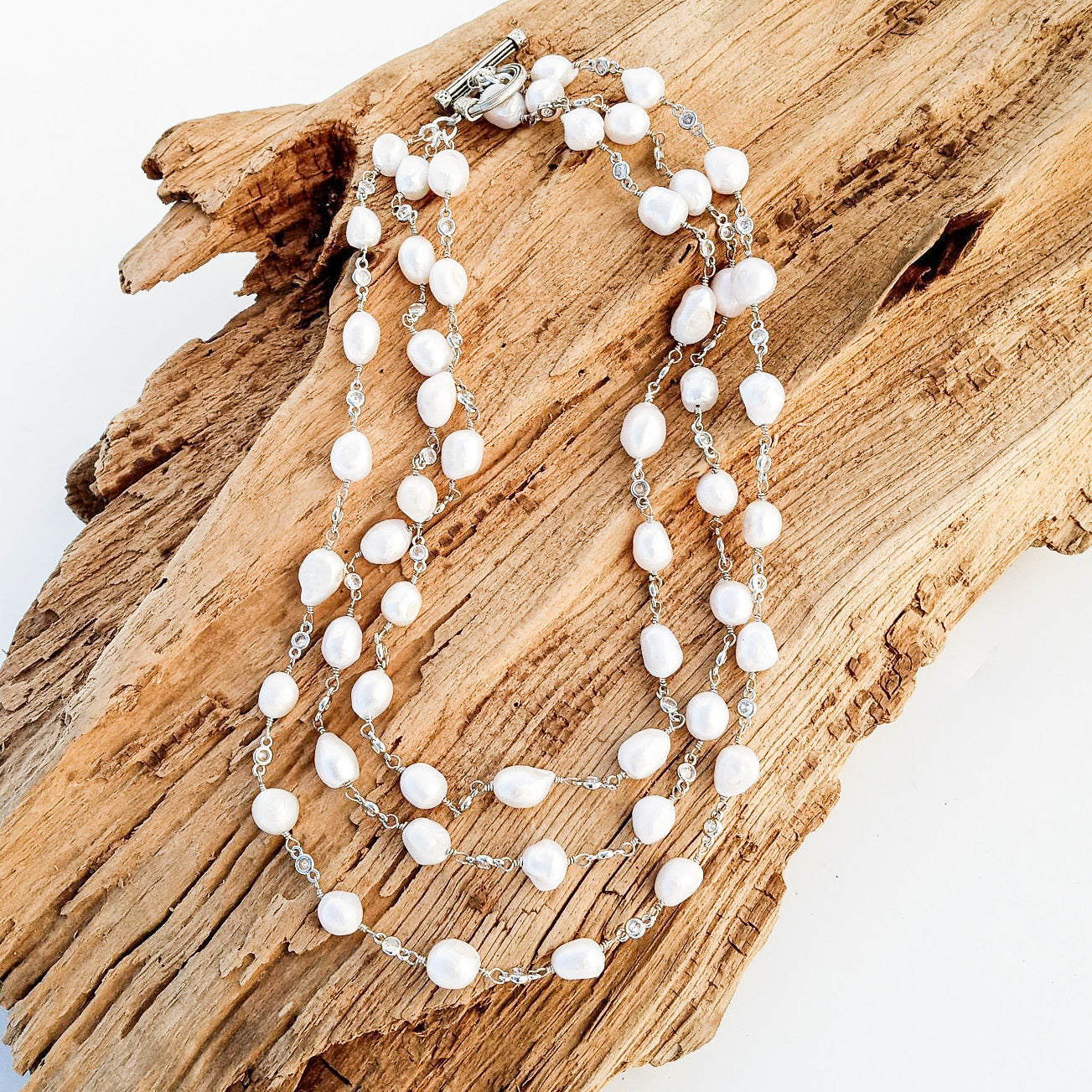Pearl Bezel Rosary Triple Layer Statement Necklace