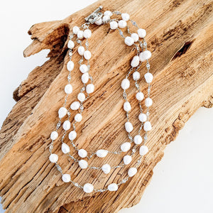 Pearl Bezel Rosary Triple Layer Statement Necklace