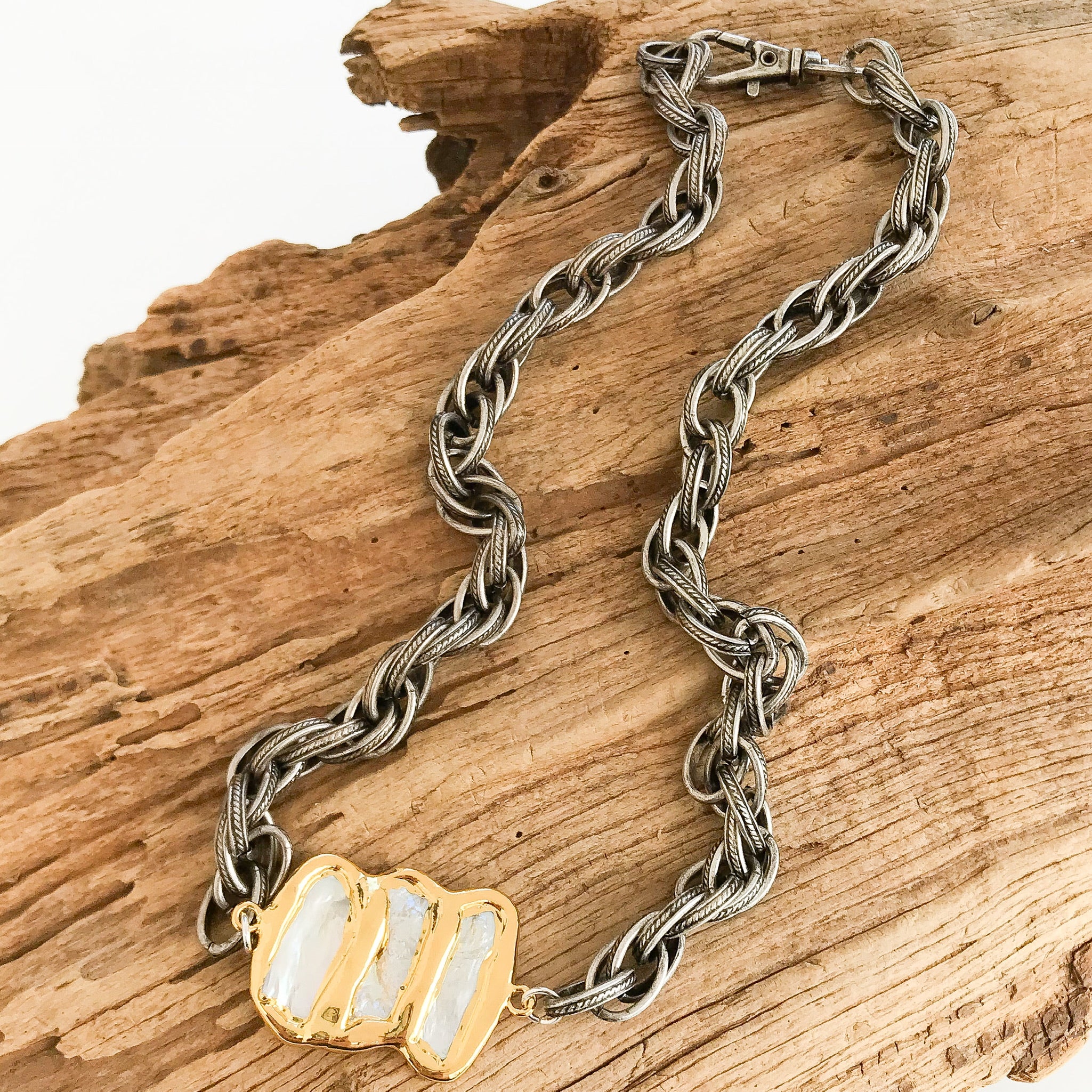 Triple Pearl on Twisted Etched Necklace